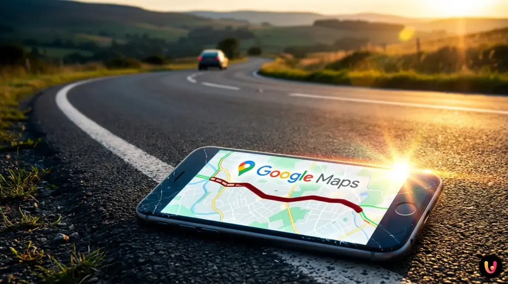 O smartphone mostra tr&acirc;nsito intenso no aplicativo de navega&ccedil;&atilde;o, mas a rua ao fundo est&aacute; deserta.