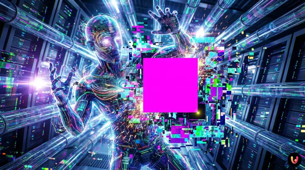 Rețea neuronală digitală care procesează un spectru de culori RGB cu o anomalie vizuală centrală.