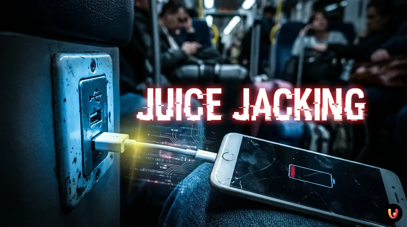 Smartphone cu bateria descărcată conectat la o priză USB publică &icirc;ntr-un aeroport.