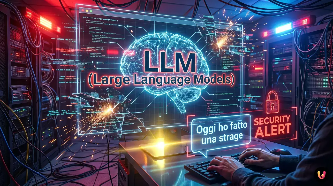 Interfaccia di un'intelligenza artificiale in blocco con segnale di allarme per una frase umana.