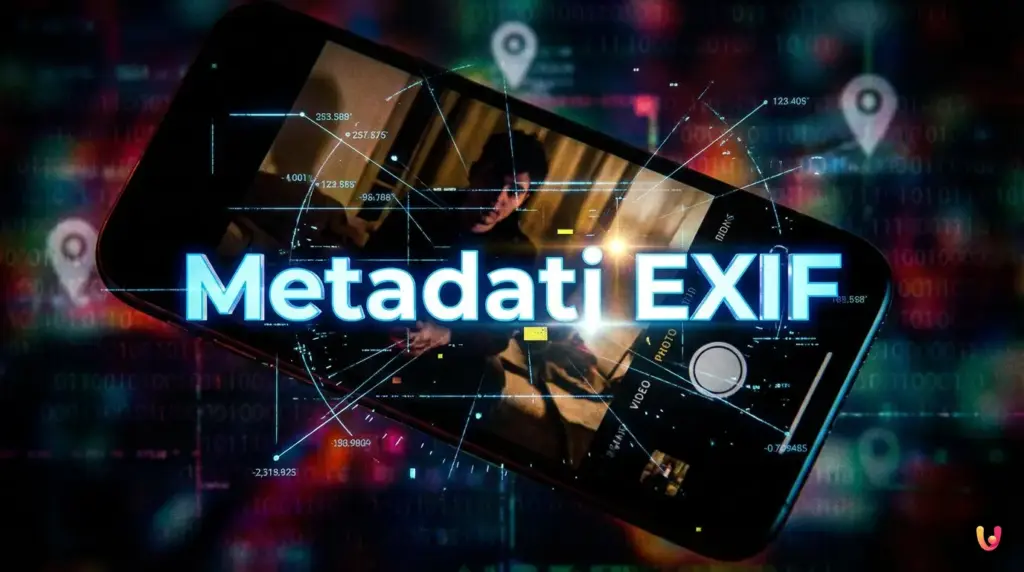 Oltre i pixel: l’archivio segreto nascosto in ogni scatto Smartphone che scatta una foto con icone di dati digitali ed EXIF in sovrimpressione.