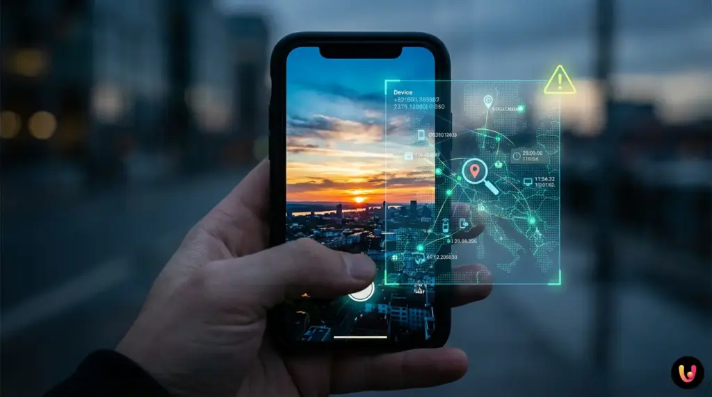 Smartphone tomando una foto con iconos de ubicaci&oacute;n GPS y datos digitales superpuestos.