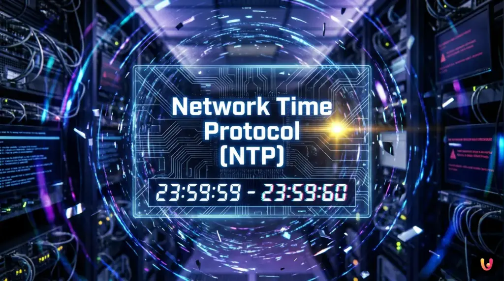 Orologio digitale che mostra l'orario anomalo 23:59:60 su uno sfondo di reti informatiche.