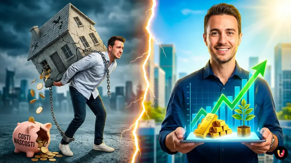 Interfaccia del simulatore che confronta il patrimonio netto tra acquisto casa e affitto.