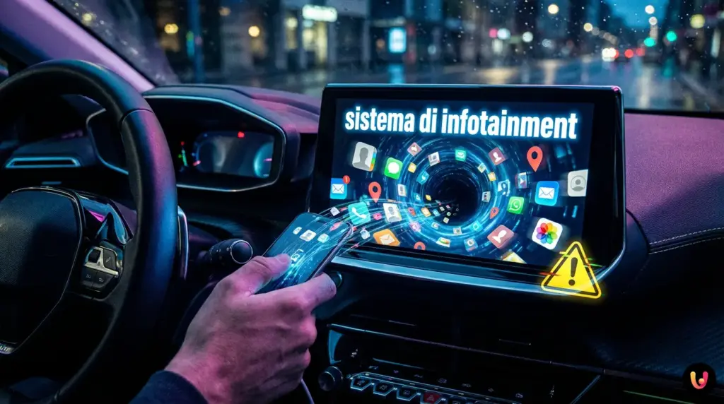 Guidatore che collega lo smartphone al display dell'infotainment di un'auto a noleggio.
