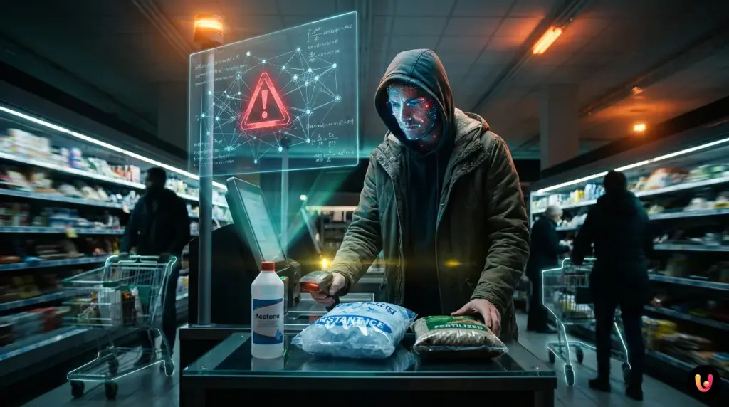 Un client &agrave; la caisse automatique du supermarch&eacute; pendant que l'IA analyse les produits achet&eacute;s.