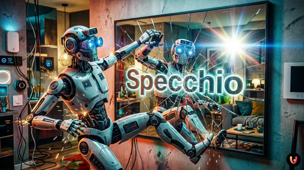 Un robot moderno disorientato mentre osserva il proprio riflesso davanti a uno specchio.