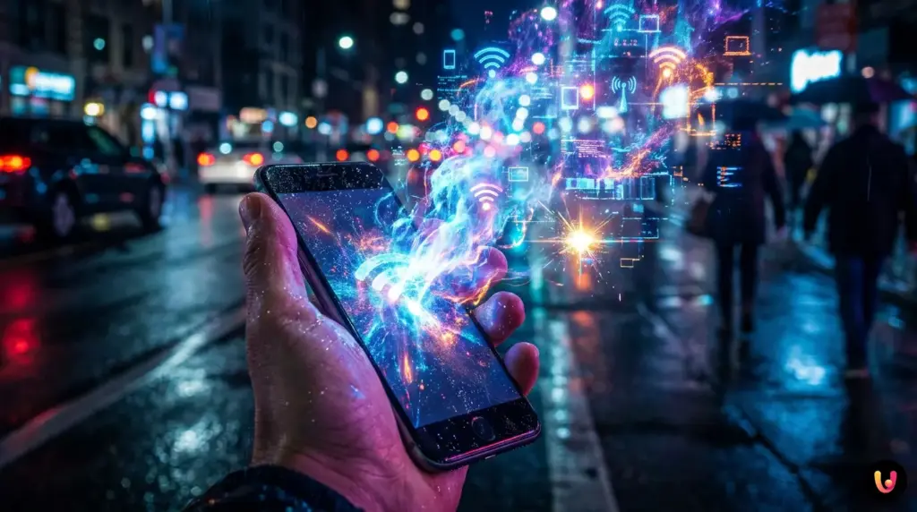 Un tel&eacute;fono inteligente emite se&ntilde;ales Wi-Fi invisibles mientras una persona camina por la ciudad.