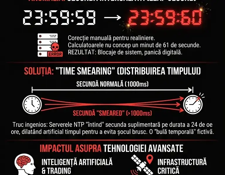 Infografica: 23:59:60: paradoxul temporal care păcălește rețelele globale