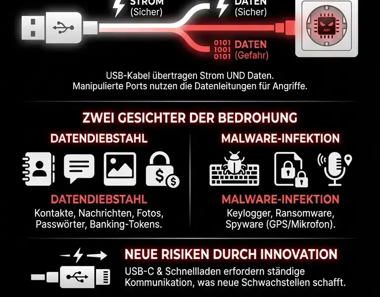 Infografica: Aufladen unterwegs: Die unsichtbare Gefahr von USB-Steckdosen