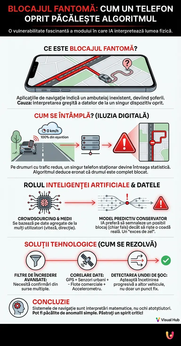 Blocajul fantomă: cum un telefon oprit păcălește algoritmul - Infografic rezumativ