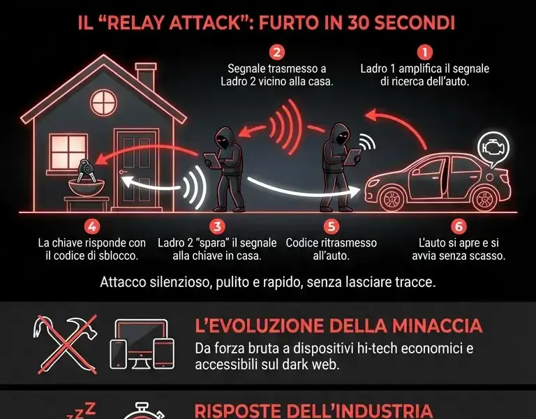 Infografica: Chiavi all'ingresso: la falla Keyless che ti fa sparire l'auto