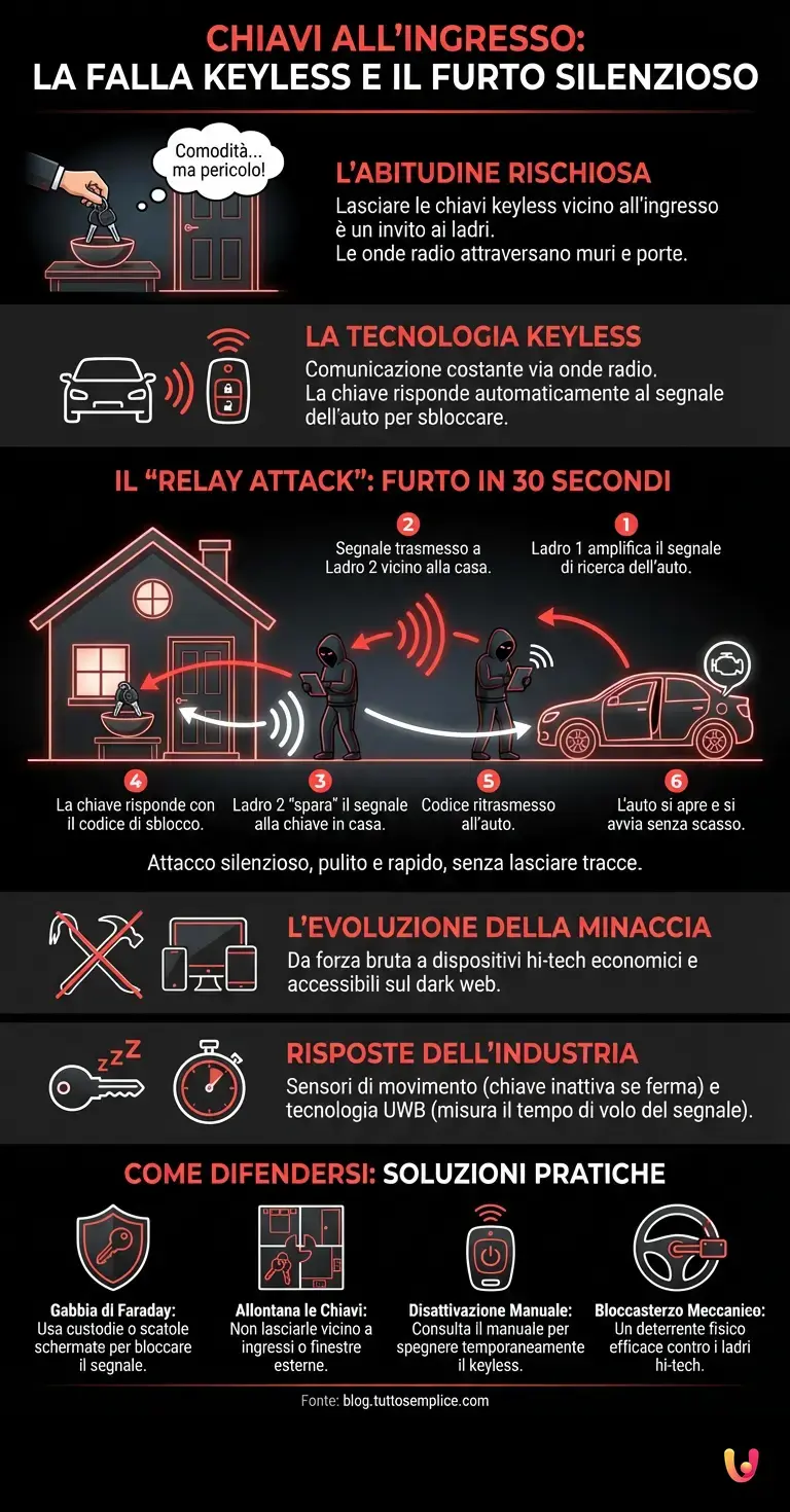 Chiavi all'ingresso: la falla Keyless che ti fa sparire l'auto - Infografica riassuntiva