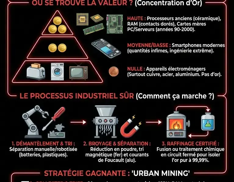 Infografica: Comment r&eacute;cup&eacute;rer l'or des vieux appareils &eacute;lectrom&eacute;nagers, t&eacute;l&eacute;phones portables et ordinateurs