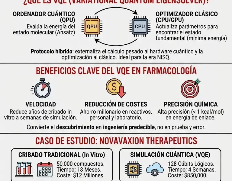 Infografica: Computaci&oacute;n cu&aacute;ntica en la industria farmac&eacute;utica: VQE y reducci&oacute;n de costes