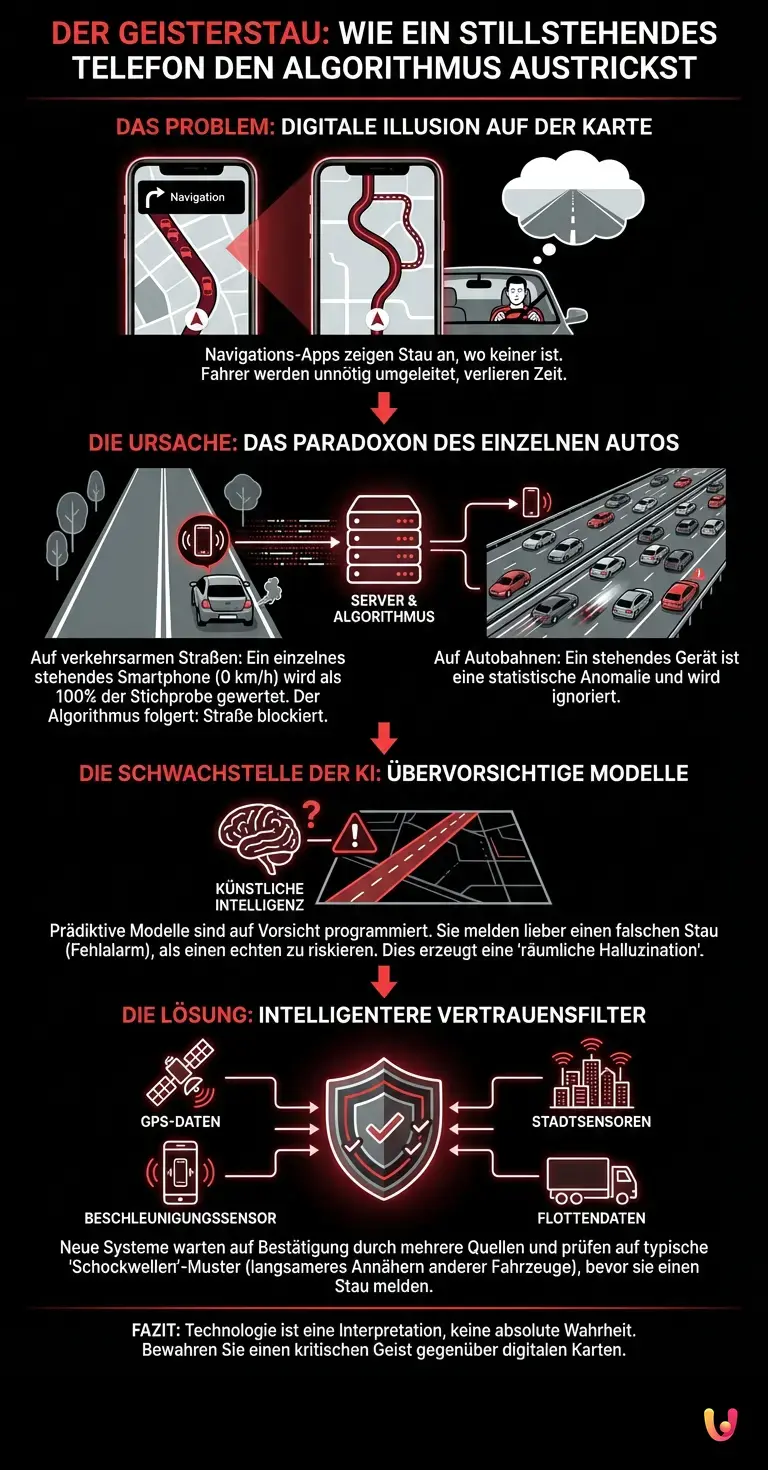 Der Geisterstau: Wie ein stillstehendes Telefon den Algorithmus austrickst - Zusammenfassende Infografik