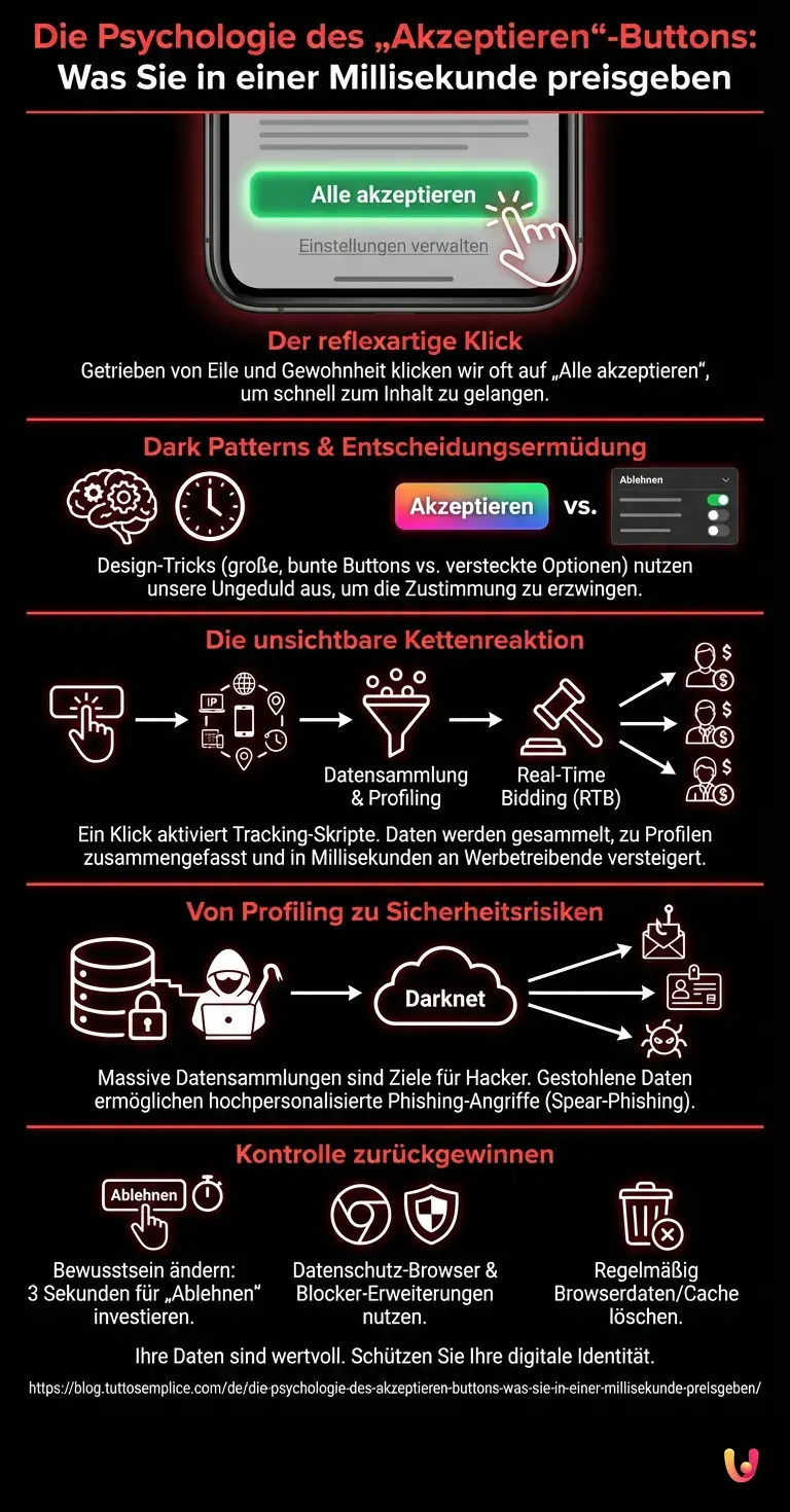 Die Psychologie des &bdquo;Akzeptieren&ldquo;-Buttons: Was Sie in einer Millisekunde preisgeben - Zusammenfassende Infografik