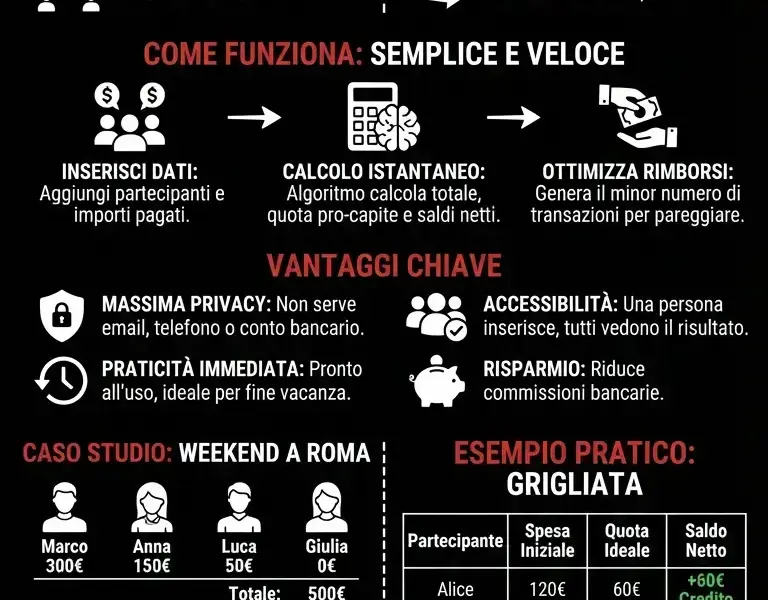 Infografica: Dividere Spese Gruppo: Calcolatore Rimborsi Senza App e Registrazione