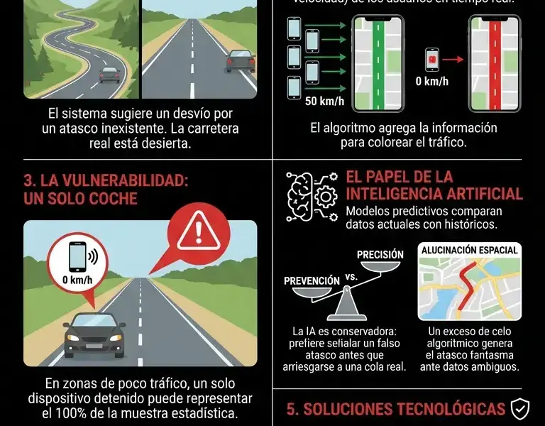 Infografica: El atasco fantasma: c&oacute;mo un tel&eacute;fono inm&oacute;vil enga&ntilde;a al algoritmo.
