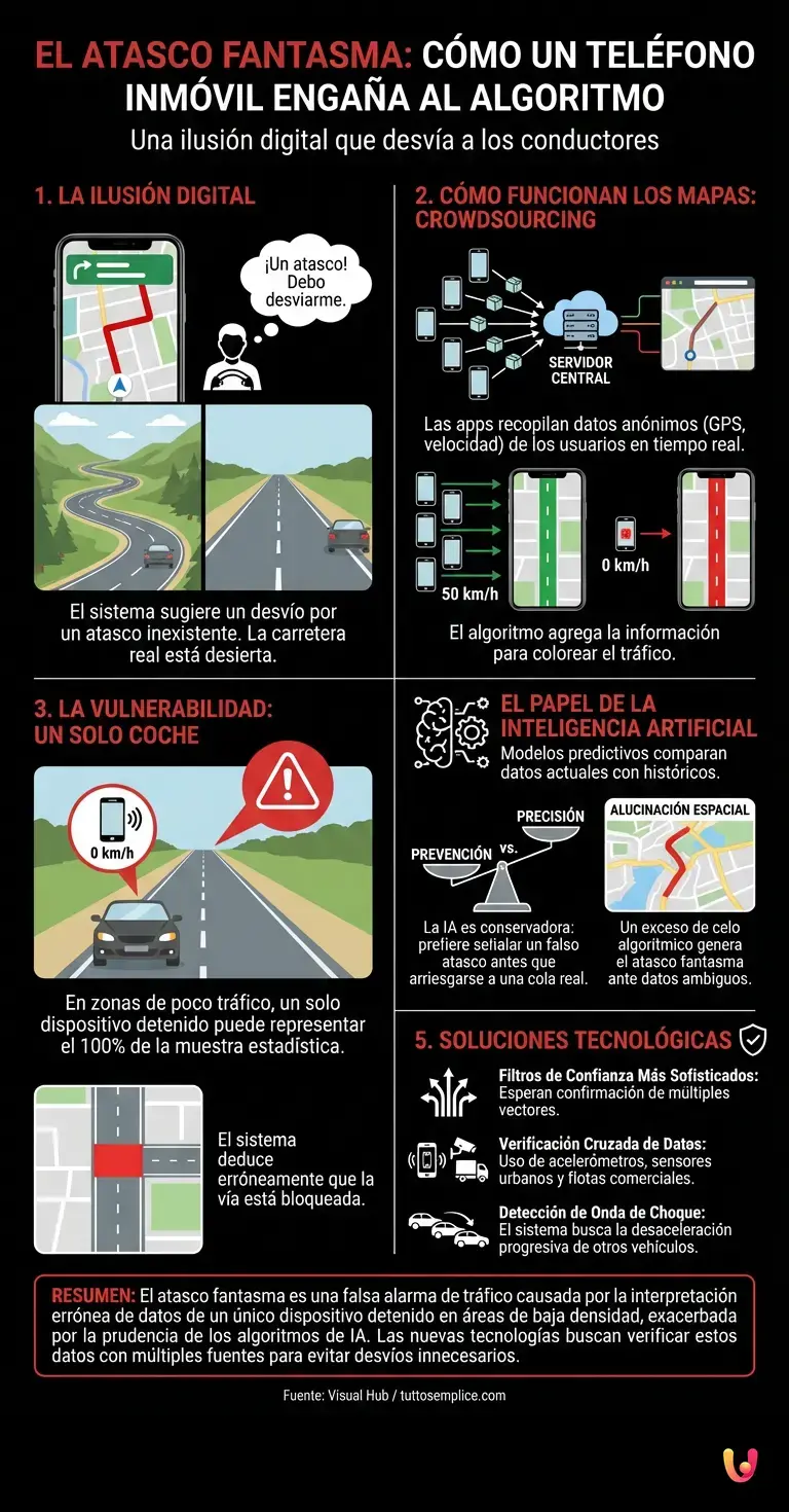 El atasco fantasma: c&oacute;mo un tel&eacute;fono inm&oacute;vil enga&ntilde;a al algoritmo. - Infograf&iacute;a resumen
