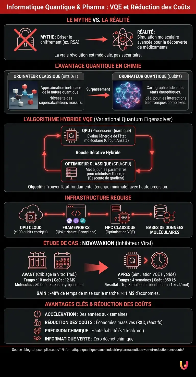 Informatique quantique dans l'industrie pharmaceutique : VQE et r&eacute;duction des co&ucirc;ts - Infographie r&eacute;sumant
