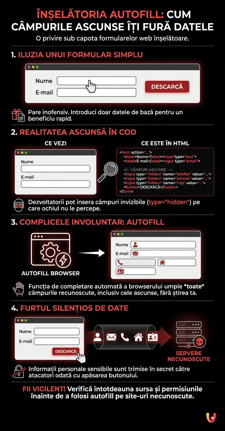 &Icirc;nșelătoria Autofill: cum c&acirc;mpurile ascunse &icirc;ți fură datele - Infografic rezumativ