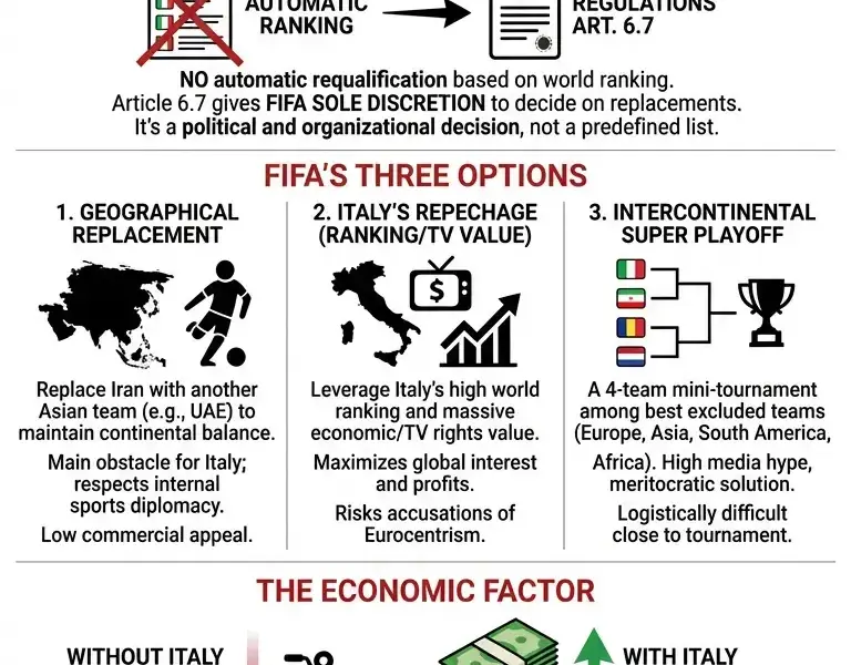 Infografica: Italy's Requalification for the 2026 World Cup: Regulations and the Iran Crisis
