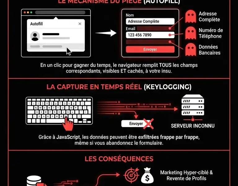 Infografica: La tromperie de l'autocompl&eacute;tion&nbsp;: comment les champs cach&eacute;s volent vos donn&eacute;es