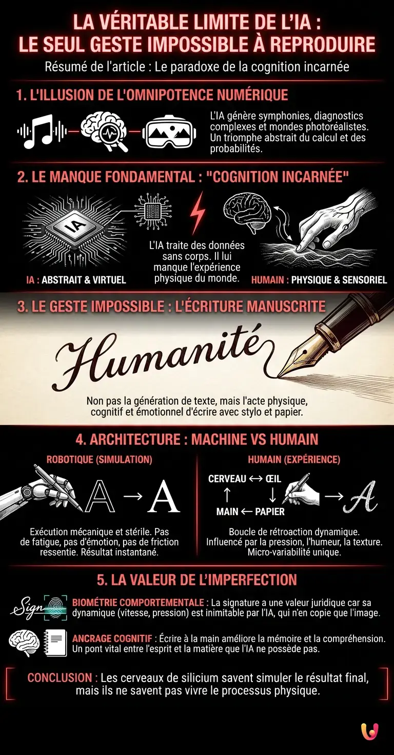 La v&eacute;ritable limite de l'IA : le seul geste impossible &agrave; reproduire. - Infographie r&eacute;sumant