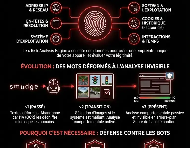 Infografica: La v&eacute;rit&eacute; sur reCAPTCHA : pourquoi votre clic n'est qu'une illusion.