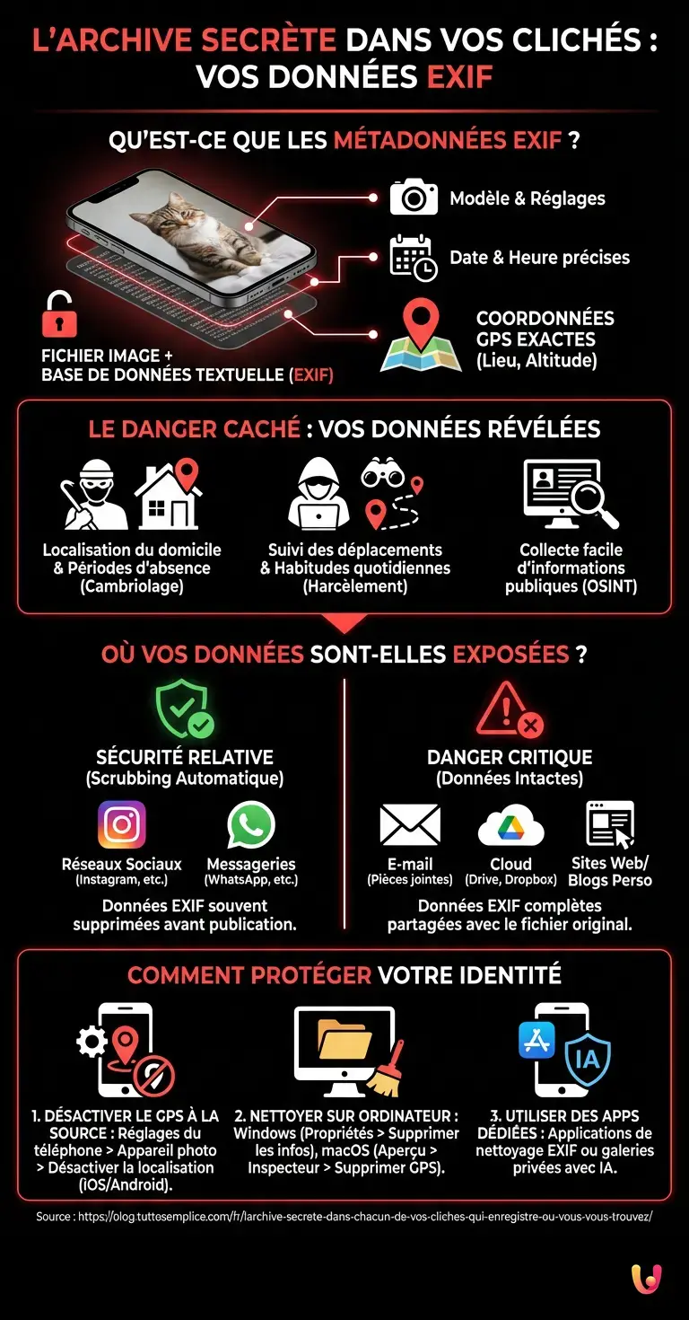 L'archive secr&egrave;te dans chacun de vos clich&eacute;s qui enregistre o&ugrave; vous vous trouvez. - Infographie r&eacute;sumant