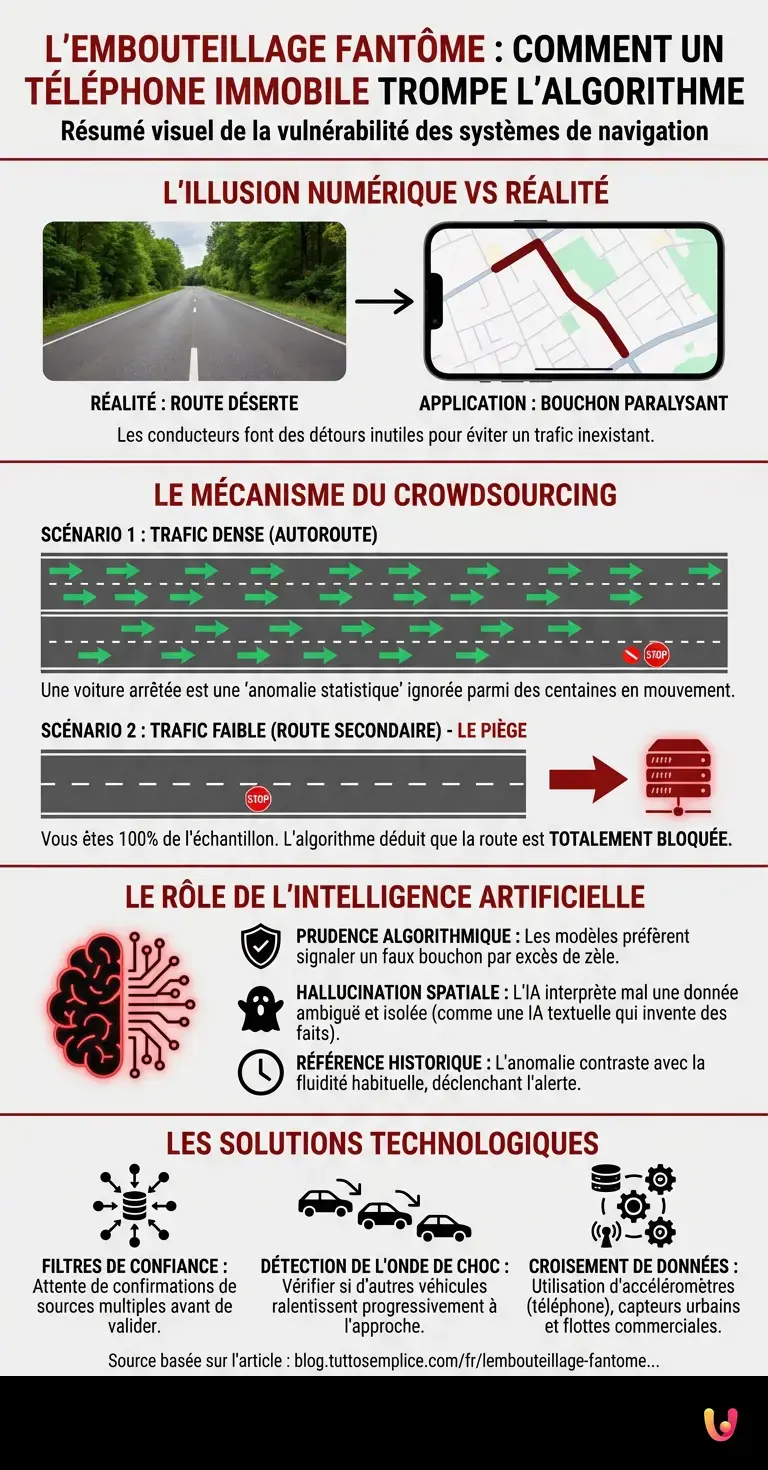 L'embouteillage fant&ocirc;me : comment un t&eacute;l&eacute;phone immobile trompe l'algorithme - Infographie r&eacute;sumant
