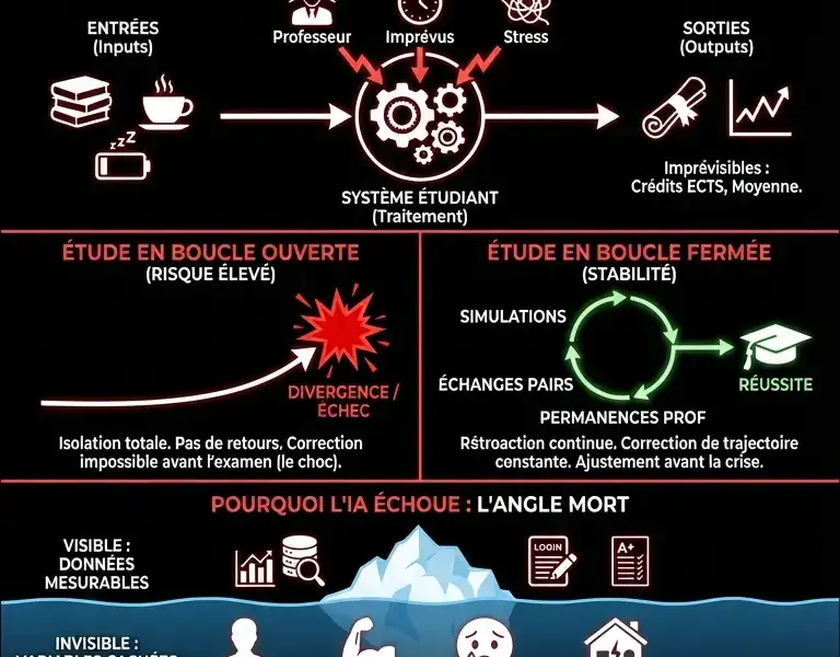 Infografica: L'&eacute;tudiant universitaire est-il un syst&egrave;me instable ? Pourquoi l'IA ne pr&eacute;voit-elle pas les abandons ?