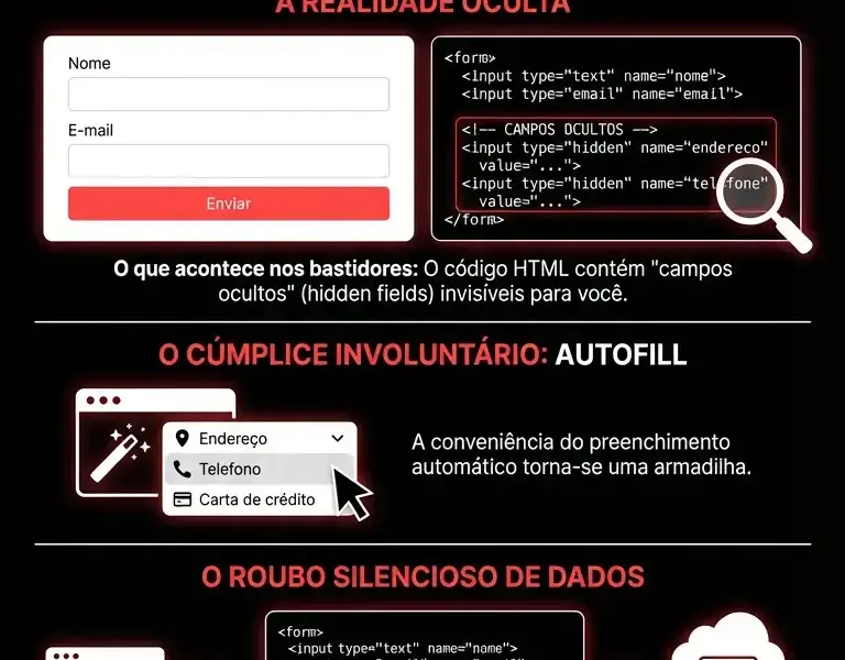 Infografica: O engano do preenchimento autom&aacute;tico: como os campos ocultos roubam seus dados