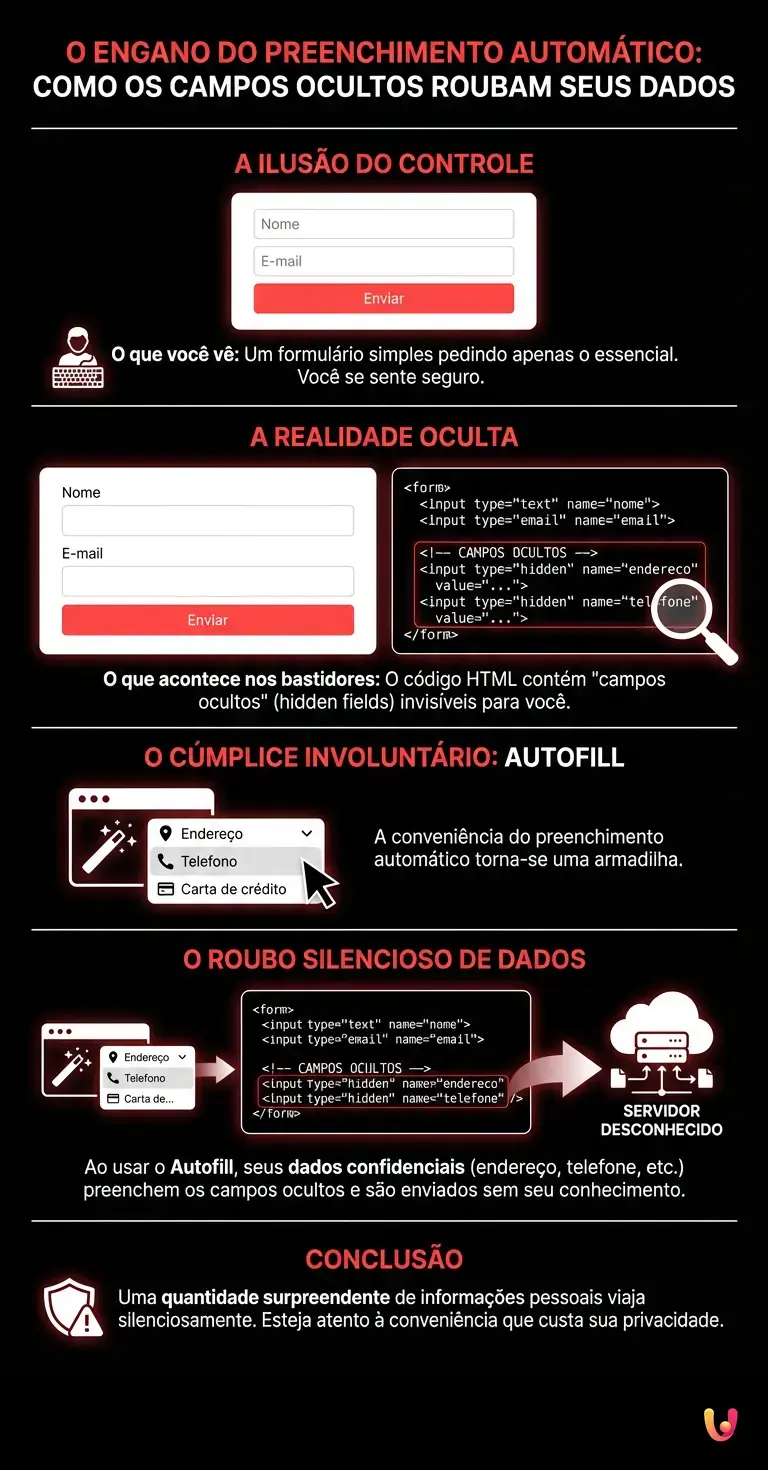 O engano do preenchimento autom&aacute;tico: como os campos ocultos roubam seus dados - Infogr&aacute;fico resumido