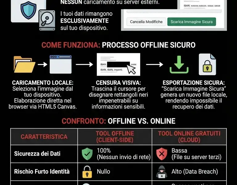 Infografica: Oscurare Documenti: Il Tool Definitivo 100% Offline e Sicuro