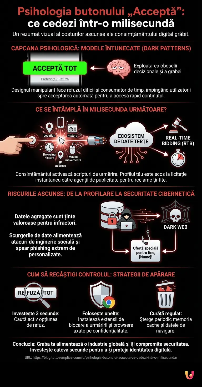 Psihologia butonului &bdquo;Acceptă&rdquo;: ce cedezi &icirc;ntr-o milisecundă - Infografic rezumativ