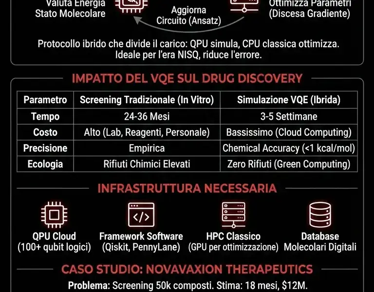 Infografica: Quantum Computing Farmaceutica: VQE e Taglio Costi