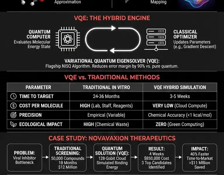 Infografica: Quantum Computing in Pharmaceuticals: VQE and Cost Reduction