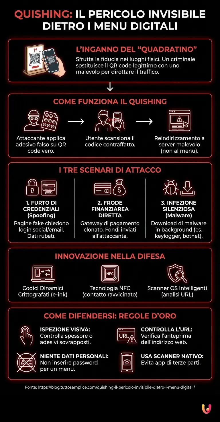 Quishing: il pericolo invisibile dietro i menu digitali - Infografica riassuntiva