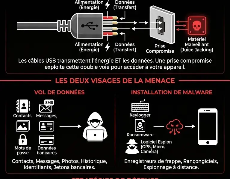 Infografica: Recharge en d&eacute;placement : la menace invisible des prises USB
