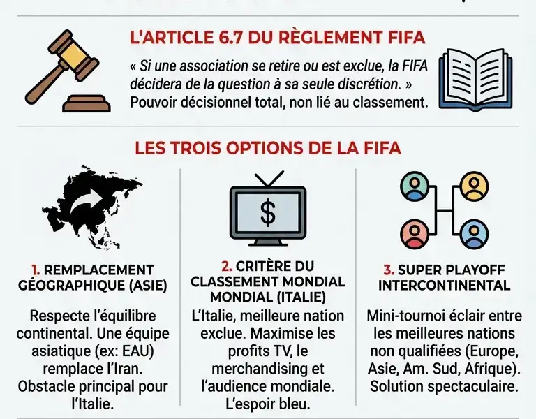 Infografica: Rep&ecirc;chage Italie Coupe du Monde 2026 : R&egrave;glement et crise iranienne