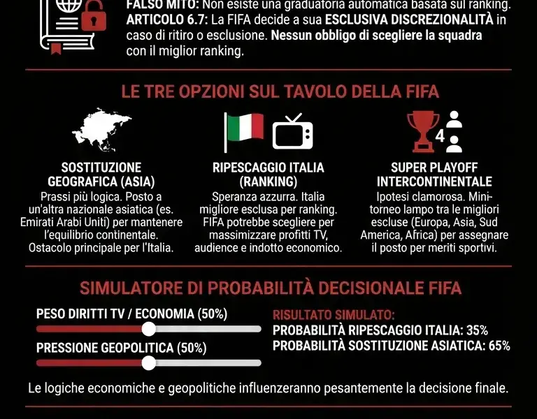 Infografica: Ripescaggio Italia Mondiali 2026: Regolamento e Crisi Iran