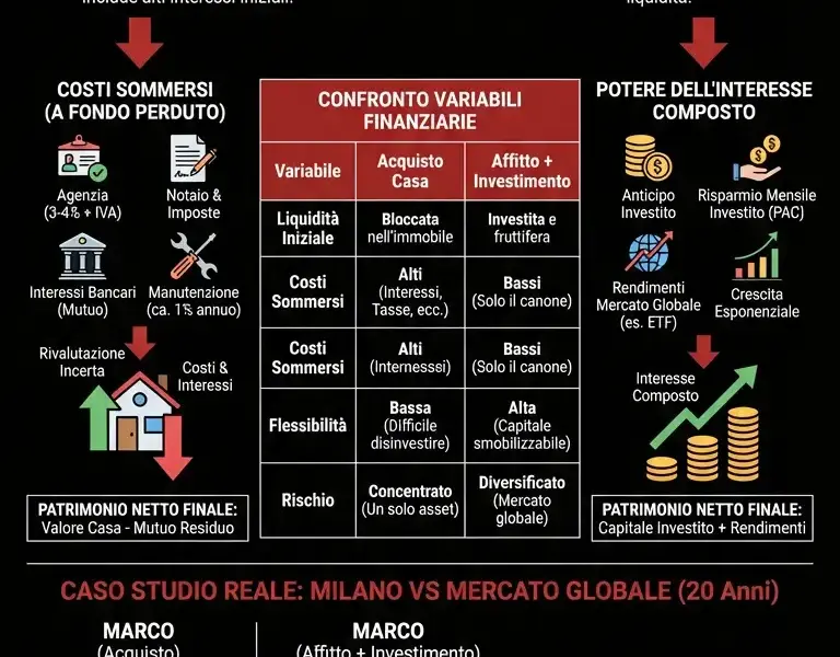 Infografica: Simulatore Finanziario Affitto vs Acquisto: La verit&agrave; matematica oltre i luoghi comuni