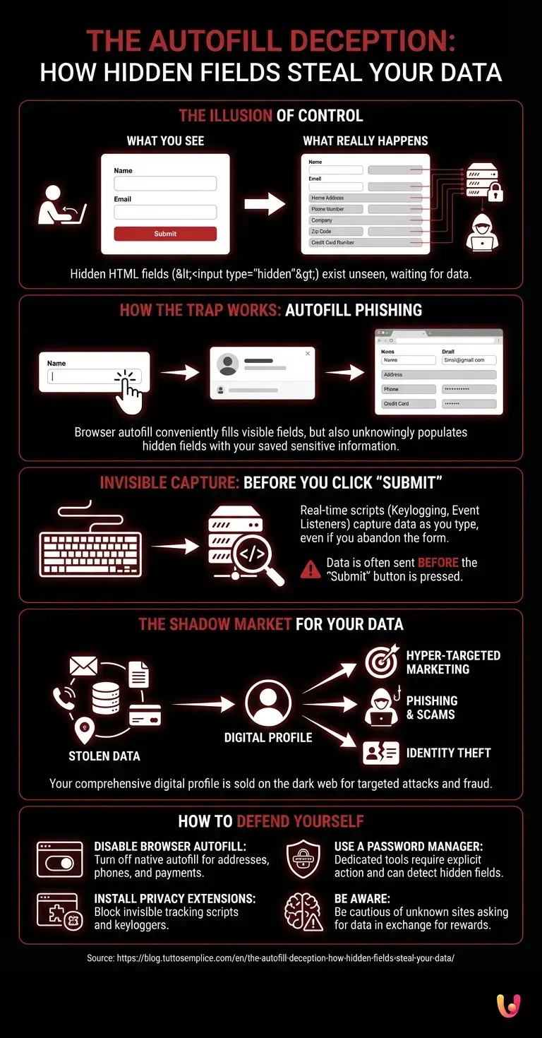 The Autofill Deception: How Hidden Fields Steal Your Data - Summary Infographic