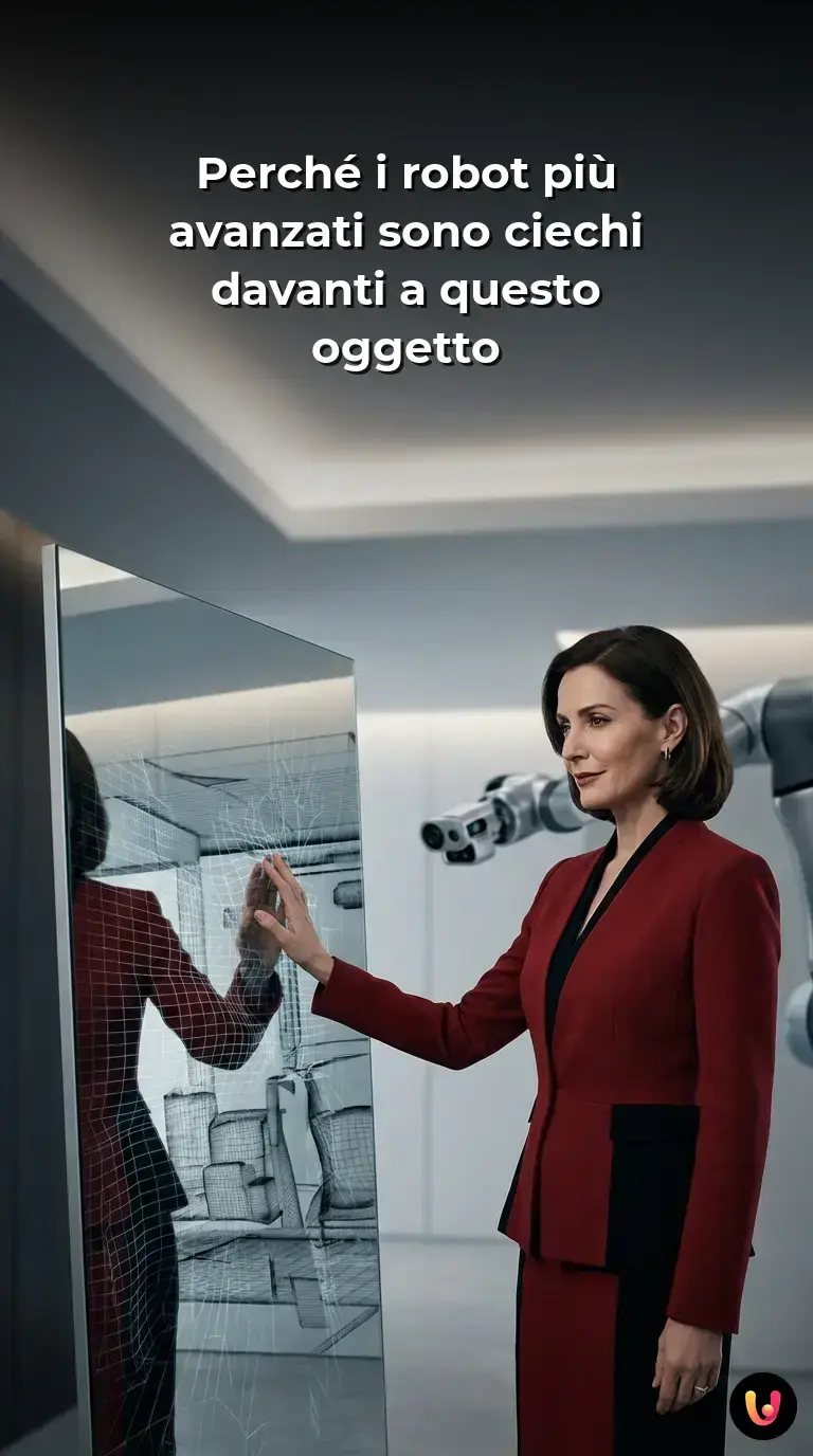 Un robot domestico confuso mentre osserva il proprio riflesso davanti a uno specchio.