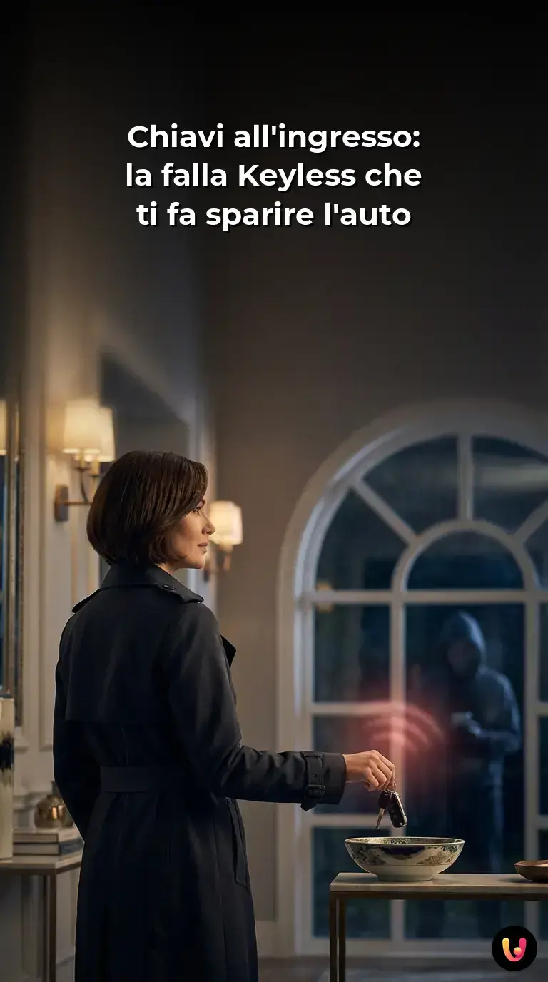 Chiavi dell'auto con sistema keyless appoggiate su un mobile svuotatasche all'ingresso di casa.