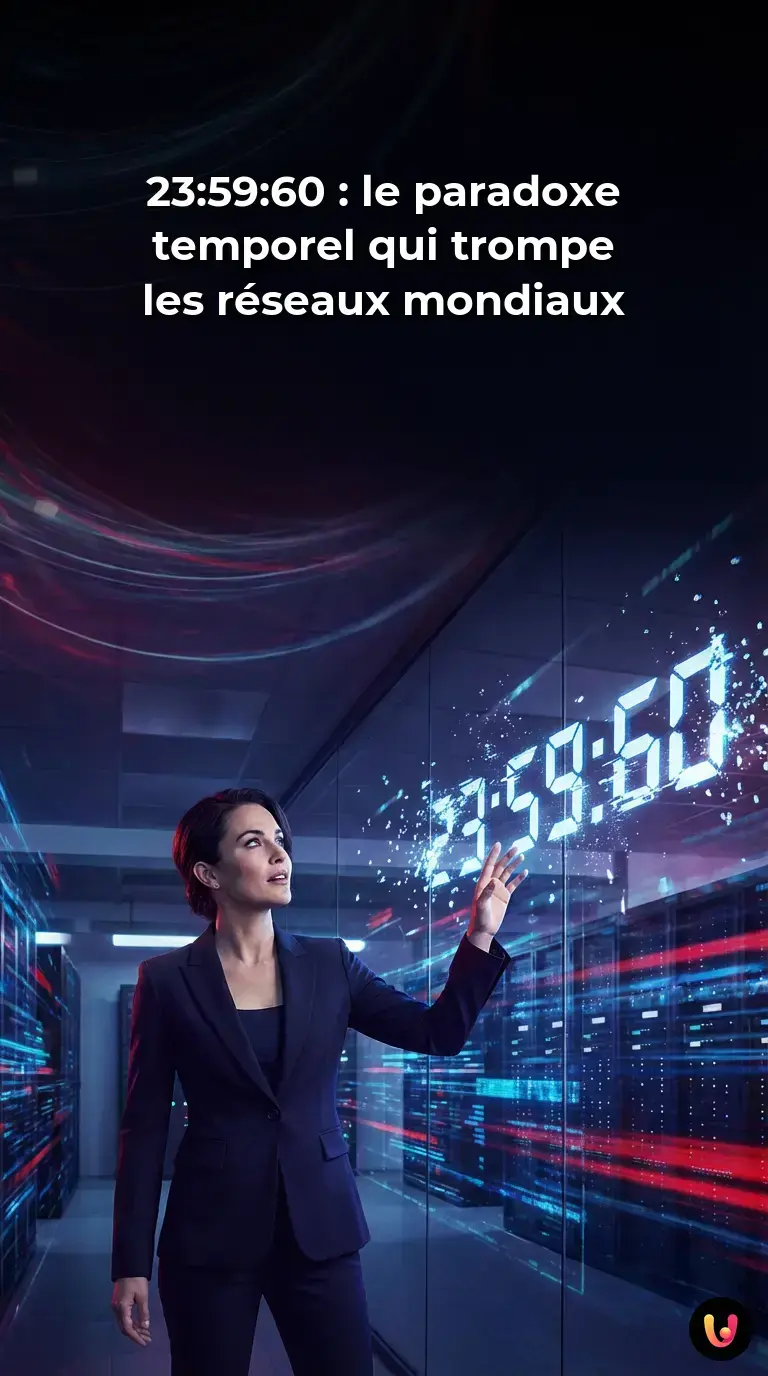 Horloge numérique affichant 23:59:60 au-dessus de serveurs informatiques lumineux.