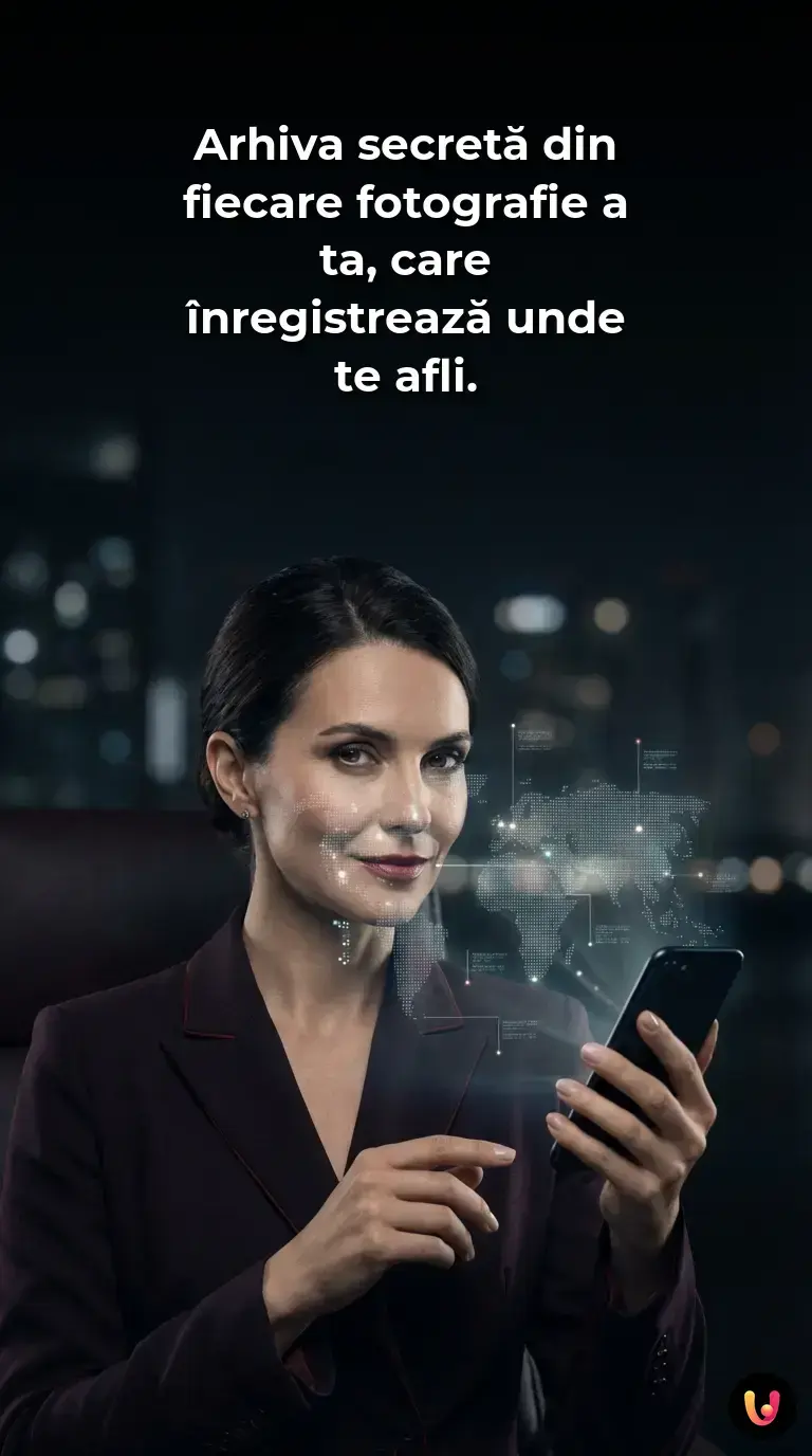 Un smartphone afiș&acirc;nd coordonate GPS și date tehnice ascunse pe ecran.