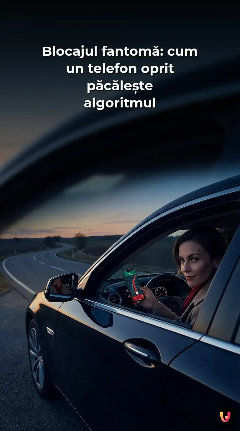 Un smartphone din mașină arată o rută roșie de trafic blocat pe o stradă complet liberă.